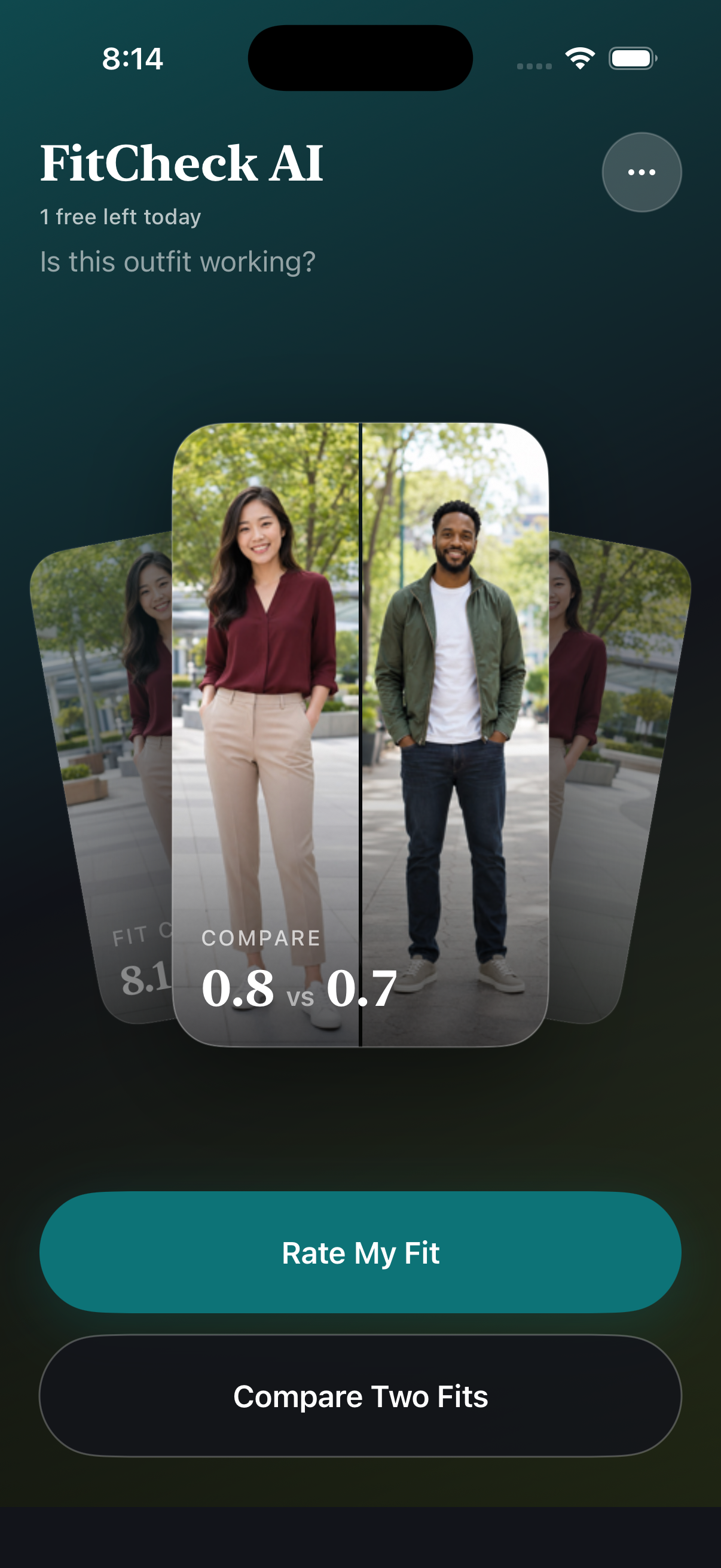 FitCheck AI home screen with Rate and Compare outfit options